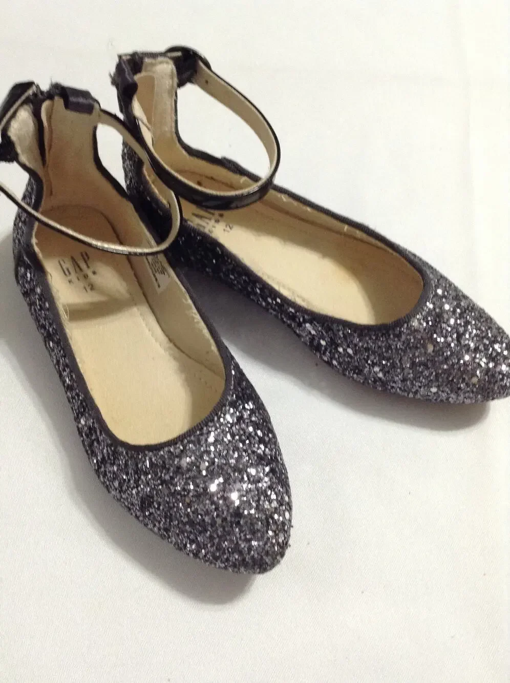 GAP Kids Girls Silver Glitter Ballet Flats Ankle Strap Dress Shoe Zipper Size 12